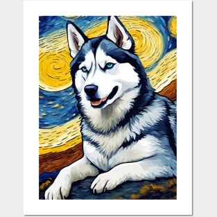 Siberian Husky Dog Breed Painting in a Van Gogh Starry Night Art Style Posters and Art